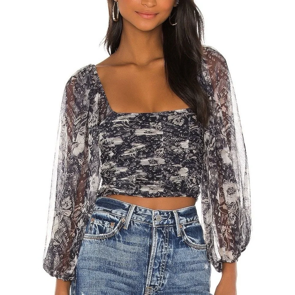 Free People Lilia Navy Floral Ruched Mesh Crop Top Size Medium